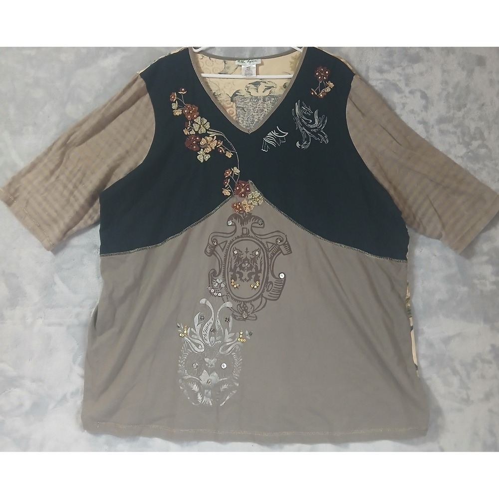Ulla Popken Womens Plus 24/26 Cotton Embroidered Patchwork Sequin V-Neck Top